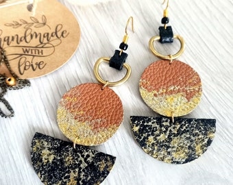 Leather dangle earrings, round crescent drop  western boho bohemian earrings, black brown hand painted handmade craft unique jewelry