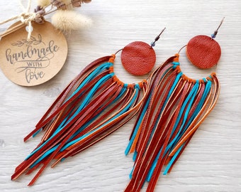 Genuine leather hoop fringe earrings gift for women feather tassel hand made craft unique jewelry western brown blue long dangle  earrings