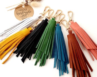 Genuine leather tassel keychain bag charm fringe really leather gold black white yellow pink blue green brown bag handmade craft accessories