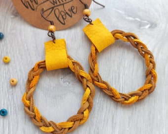 Genuine leather hoop earrings for women hand made craft unique jewelry gifts braided macrame pigtails yellow mustard earrings