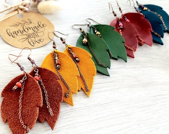 Leather and suede earrings for women boho western feather leaf earrings for women brown orange dangle earring hand made craft unique jewelry