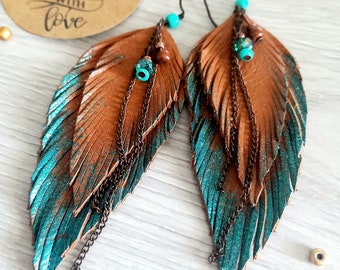 Leather Feather earrings, brown blue turquoise earrings, Long dangle craft fringe tassel boho western earrings, hand made painted earrings