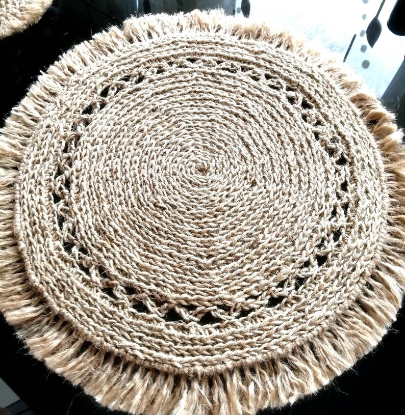 Round Crochet Jute Fringe Placemats Set Coasters Set Gift Etsy