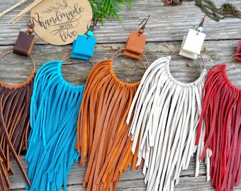 leather and suede full fringe earrings for women boho red black brown blue green beige 5" 6" extra long hoop craft unique jewelry gifts