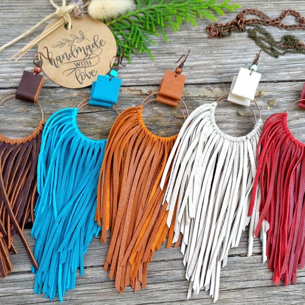 leather and suede full fringe earrings for women boho red black brown blue green beige 5" 6" extra long hoop craft unique jewelry gifts