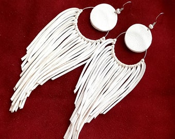 Leather fringe earrings for women, ivory big long tassel earrings, boho jewelry western hoop earrings, feather handmade crafted earrings