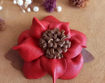 red leather flower brooch pin for women, hand made craft unique jewelry, bag accessories,  bag charm gift for her