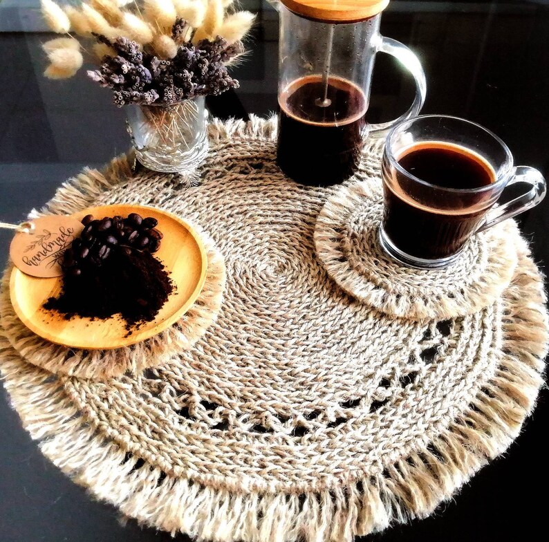 Jute Round Placemats Crochet Fringe Boho Placemats Coasters Etsy