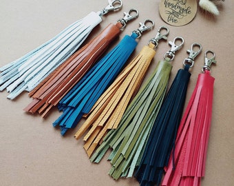 leather tassel keychain bag charm bag accessories, brown green red white blue black turquoise fringe tassel chains, large long big keychain