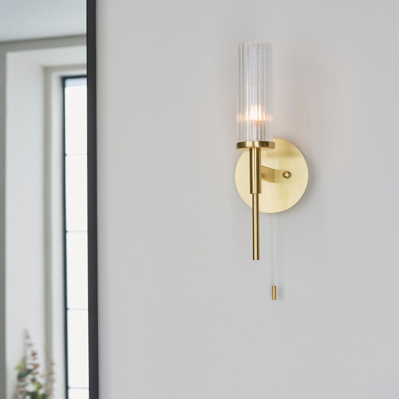 Contemporary Satin Brass Bathroom Wall Light With Ribbed Glass Shade