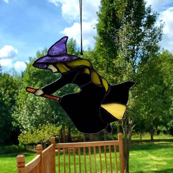 Stained Glass Witch on Broom Suncatcher, Stained Glass Halloween Suncatcher,  Witch Decor, Halloween Decor