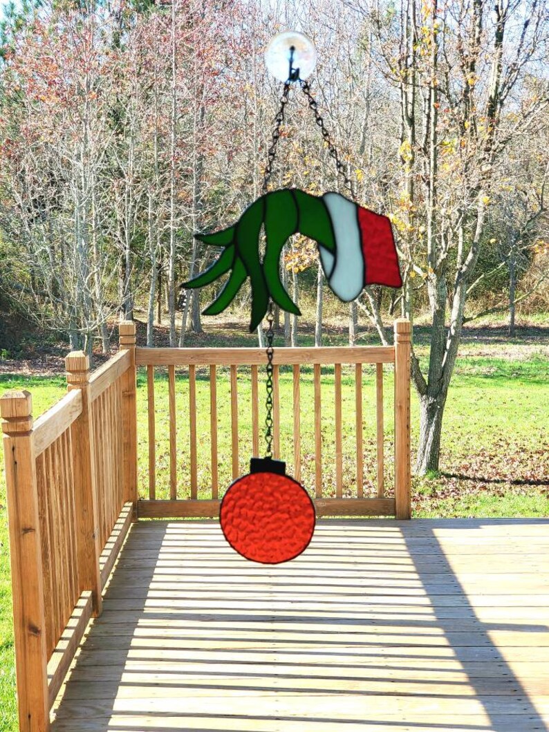 The Grinch Holding a Ball Ornament Stained Glass Suncatcher Etsy