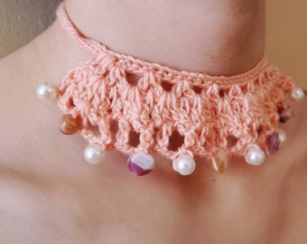 Victorian Rose Crochet Lace Ruffle Beaded Choker