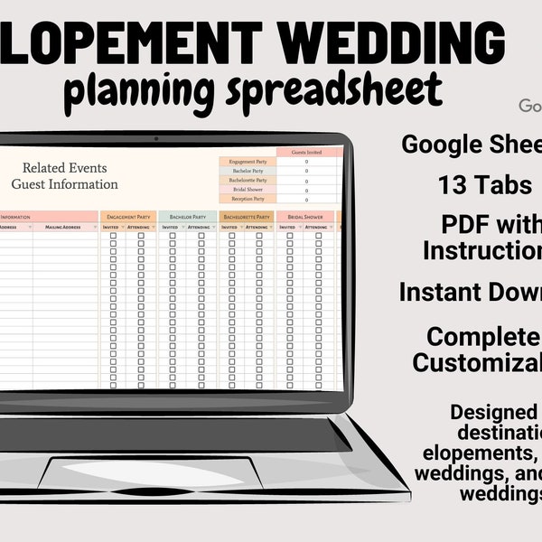 Wedding Planning Spreadsheet | Elopement Planner | Wedding Checklist | Budget Planner | Guest list | Micro Wedding | Google Sheets Template