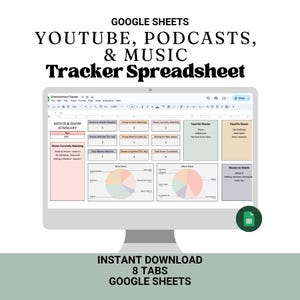 Op de afbeelding: Een computermonitor toont een Google Sheets-spreadsheet voor het volgen van YouTube, podcasts en muziek. De spreadsheet bevat secties voor films, shows en een samenvatting. De tekst op het scherm luidt "Tracker Spreadsheet". De afbeelding bevat ook de tekst "Instant Download" en "8 Tabs".