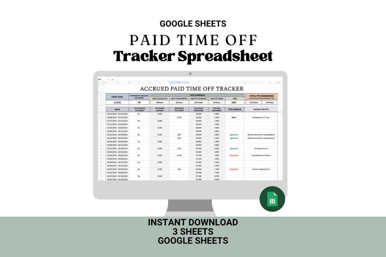 Paid Time off Tracker: PTO Vacation Planner Google Sheets (instant ...