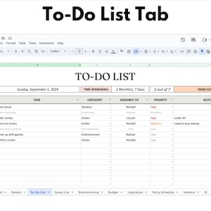 Puede incluir: Una captura de pantalla de una lista de tareas digitales titulada "To-Do List Tab" dentro de un programa de hojas de c&aacute;lculo. La lista incluye columnas para tareas de planificaci&oacute;n de fiestas, plazos y asignaciones, con un enfoque en la organizaci&oacute;n de eventos.