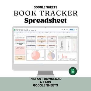 Könnte beinhalten: Ein Computermonitor zeigt eine Google Sheets-Tabelle mit dem Titel "Book Tracker Spreadsheet". Der Bildschirm zeigt eine Buchzusammenfassung, Diagramme und Datentabellen. Das Bild enthält den Text "Sofortiger Download" und "6 Tabs Google Sheets."