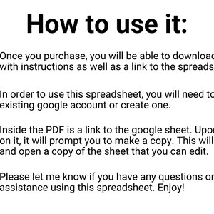 Op de afbeelding: Witte afbeelding met de tekst "How to use it:" en instructies voor het gebruik van een spreadsheet. De instructies omvatten het downloaden van een PDF, het gebruik van een Google-account en het maken van een kopie.