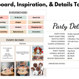 Puede incluir: Plantillas digitales de planificaci&oacute;n de fiestas con secciones para un panel de control, un tablero de inspiraci&oacute;n y detalles de la fiesta. El panel incluye categor&iacute;as como detalles, presupuesto y proveedores. El tablero de inspiraci&oacute;n presenta una fiesta tem&aacute;tica de perros.