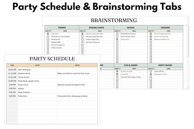Puede incluir: Plantillas de planificaci&oacute;n de fiestas con el texto "Party Schedule & Brainstorming Tabs". Las plantillas incluyen secciones para temas, fechas, lugares, proveedores, juegos y recuerdos de fiesta. El programa de la fiesta enumera la hora, el evento y las notas.