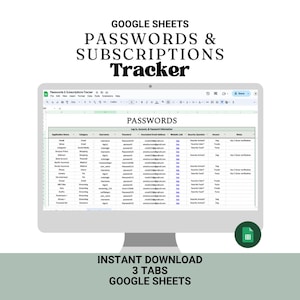 Puede incluir: Un monitor de computadora muestra un rastreador de contraseñas y suscripciones de Google Sheets. La hoja de cálculo está etiquetada como "Contraseñas" e incluye columnas para el nombre de la aplicación, el nombre de usuario y la contraseña. El texto en la parte superior dice "Google Sheets Passwords & Subscriptions Tracker."