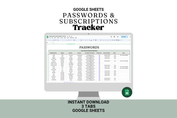 Password & Subscription Tracker: Google Sheets Template (Digital Download)