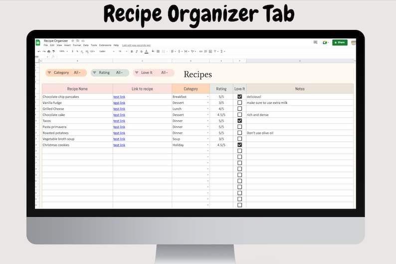 Recipe Organizer Spreadsheet Recipe Planner Google Sheets Template ...