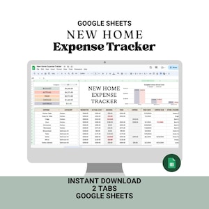 Könnte beinhalten: Ein Computermonitor zeigt eine Google Sheets-Tabelle mit dem Titel "NEW HOME Expense Tracker". Die Tabelle ist mit Spalten für Budget, Ist-Kosten und Ersparnisse organisiert. Der Text unten lautet "INSTANT DOWNLOAD 2 TABS GOOGLE SHEETS."