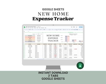 May include: A computer monitor displays a Google Sheets spreadsheet titled "NEW HOME Expense Tracker." The spreadsheet is organized with columns for budget, actual costs, and savings. Text at the bottom reads "INSTANT DOWNLOAD 2 TABS GOOGLE SHEETS."
