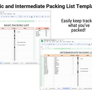 Op de afbeelding: Er worden twee inpaklijstsjablonen weergegeven, met de labels "Basic" en "Intermediate". De "Basic"-lijst bevat items zoals toiletartikelen en kleding. De "Intermediate"-lijst voegt kwantiteitsregistratie toe. De tekst luidt: "Houd eenvoudig bij wat je hebt ingepakt!"