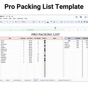 Op de afbeelding: Een digitale spreadsheet met de titel "Pro Packing List Template" met een lichtgroene en witte interface. De spreadsheet is georganiseerd met kolommen voor items, hoeveelheden en waarden. Bovenaan de spreadsheet staat "PRO PACKING LIST".