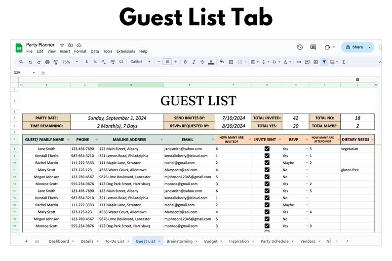 Puede incluir: Una hoja de c&aacute;lculo digital "Guest List Tab" que muestra una lista de invitados con columnas para nombres, datos de contacto y estado de confirmaci&oacute;n de asistencia. Incluye fechas, plazos de invitaci&oacute;n y confirmaci&oacute;n, y totales. La hoja de c&aacute;lculo est&aacute; abierta en un navegador web.