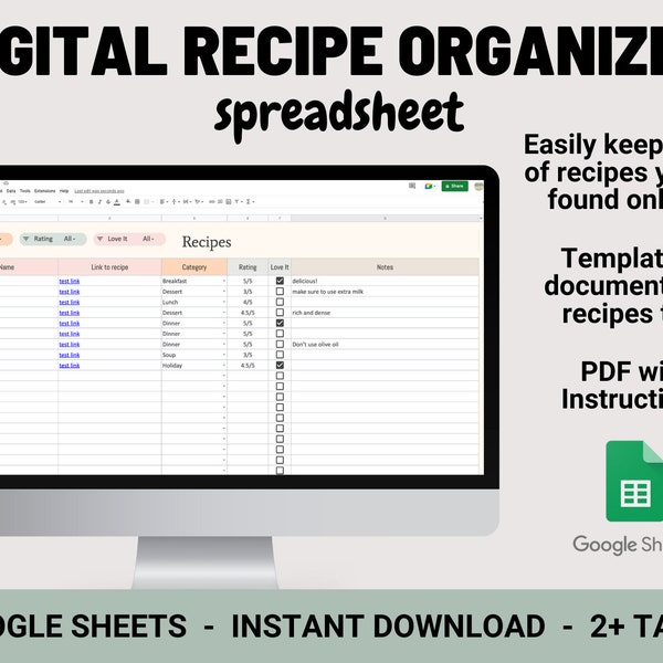 Recipe Organizer Spreadsheet | Recipe Planner | Google sheets template | Digital Recipe Template | Digital Recipe Organizer| Recipe Journal