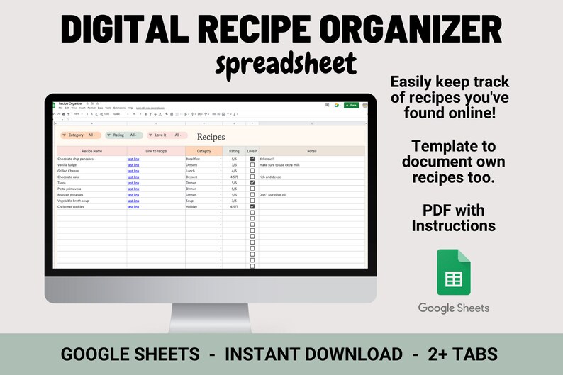Recipe Organizer Spreadsheet Recipe Planner Google Sheets Template