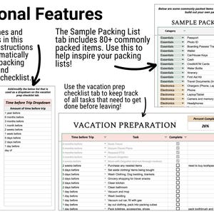 Op de afbeelding: Een digitaal document met de titel "Extra functies" en verschillende tabellen. E&eacute;n tabel heet "Bag Dropdown" en een andere "Time before Trip Dropdown". Er is ook een "Voorbeeld paklijst" en een checklist "Vakantievoorbereiding".
