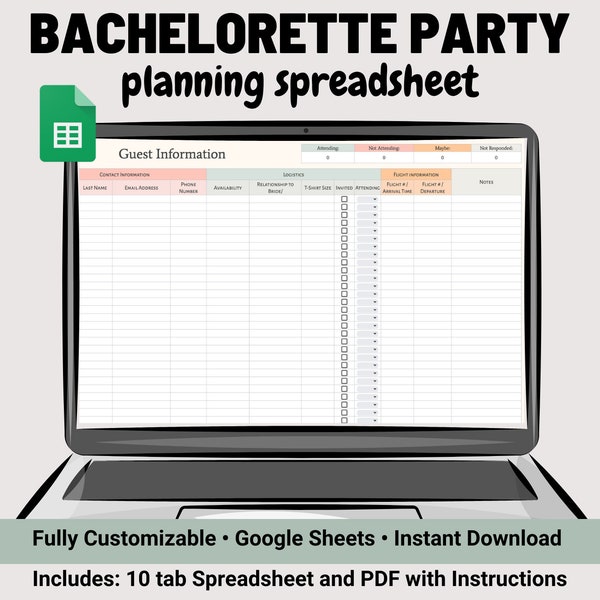 Bachelorette Party Planner | Planning Spreadsheet Maid of Honor Planner | Google Sheets Spreadsheet Template | Bachelorette Weekend Planner