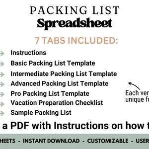 Op de afbeelding: Een digitale paklijstspreadsheet met de titel "PACKING LIST Spreadsheet". De afbeelding toont 7 tabbladen, waaronder instructies en verschillende paklijstsjablonen. Een PDF met instructies is ook inbegrepen.