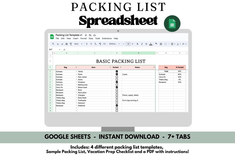 Op de afbeelding: Een computerscherm toont een paklijstspreadsheet. De spreadsheet heet "BASIC PACKING LIST" en heeft kolommen voor items, tas en inpakstatus. De tekst bovenaan luidt "PACKING LIST Spreadsheet". Daaronder staat "GOOGLE SHEETS - INSTANT DOWNLOAD - 7+ TABS".