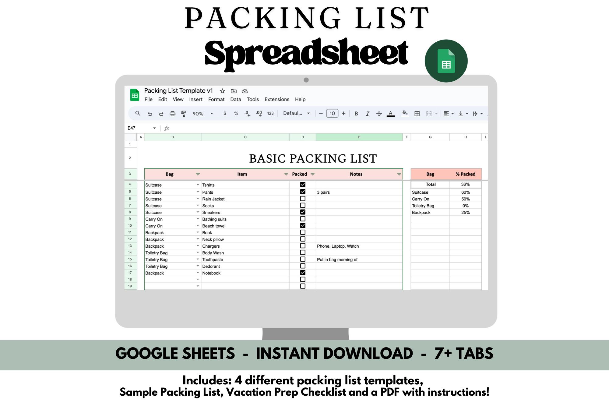 Travel Packing List Spreadsheet | Google Sheets template | Packing Checklist | Vacation Packing Guide | Trip Planner | Fully Customizable