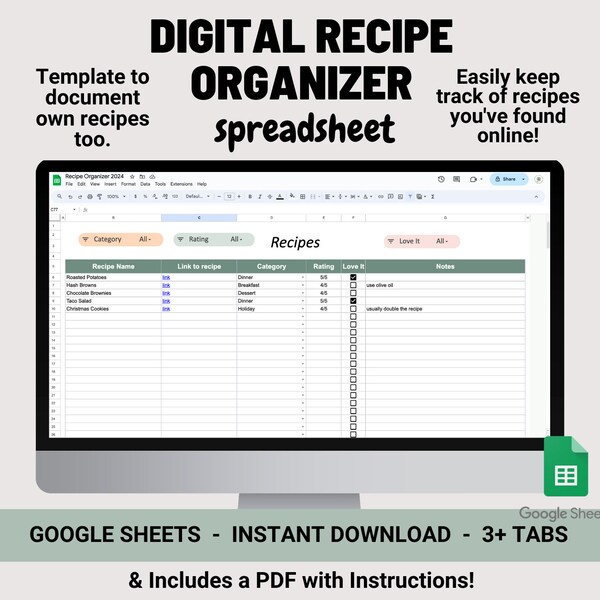 Recipe Organizer Spreadsheet | Recipe Planner | Google sheets template | Digital Recipe Template | Digital Recipe Organizer| Recipe Journal