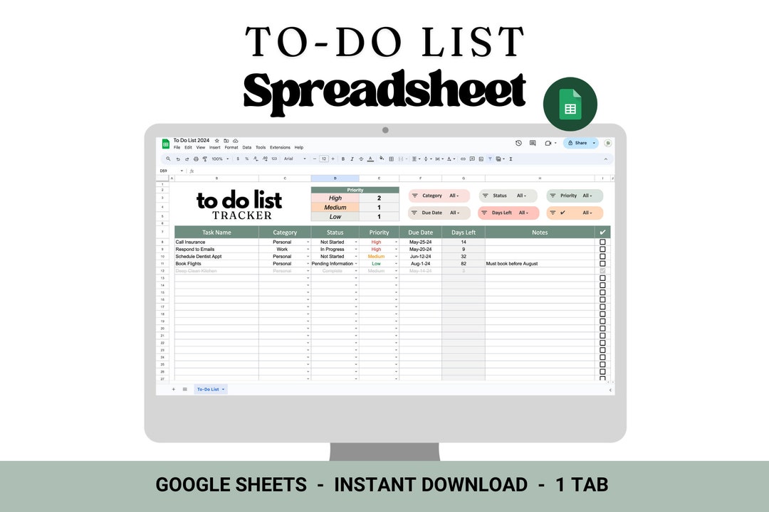 Digital to Do List Spreadsheet: Task Tracker in Google Sheets (digital ...