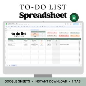 Digital To Do List Spreadsheet | Google Sheets Template | Task Tracking | Task Planner | Productivity Planner | Task Organizer