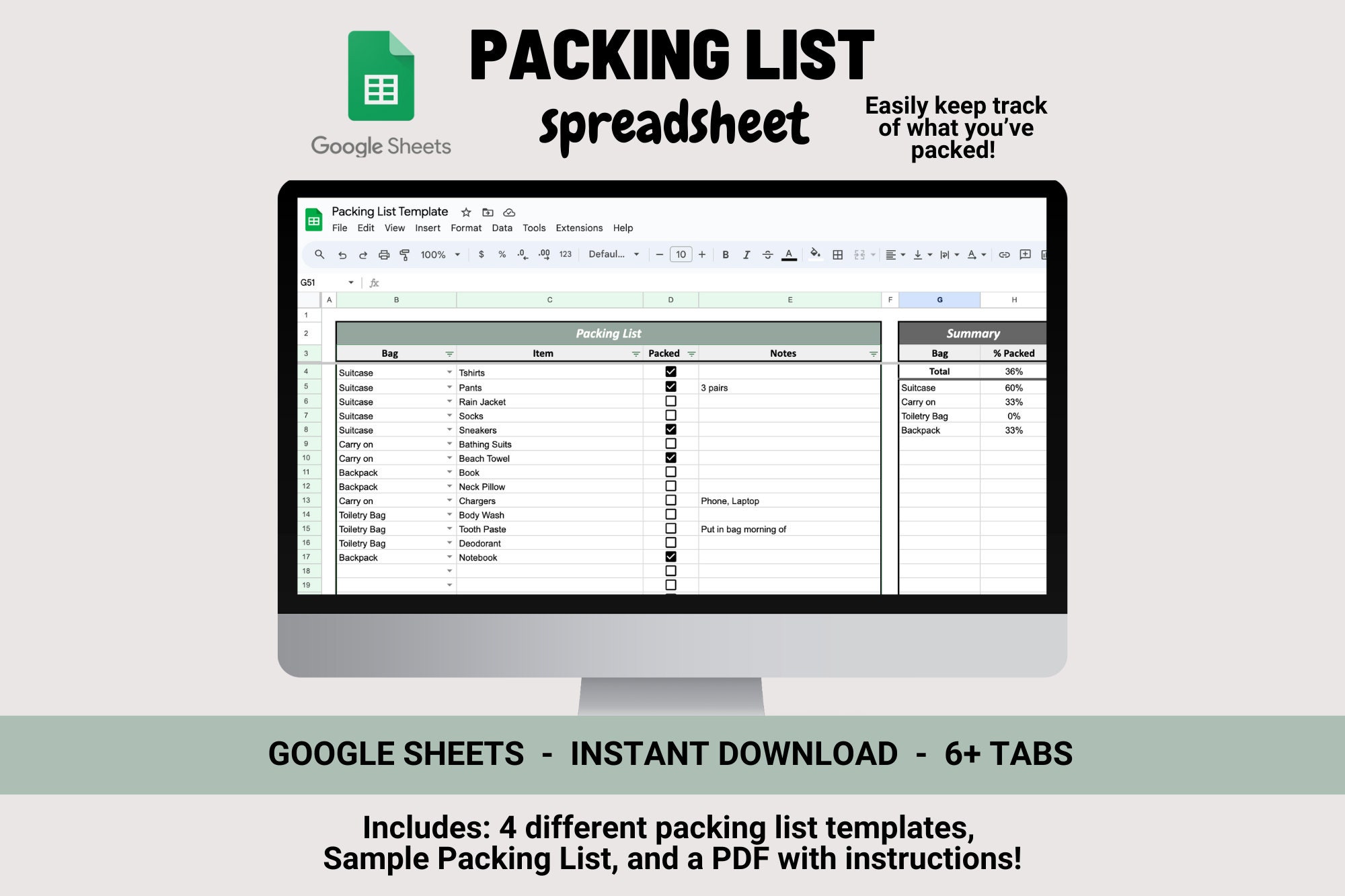 Travel Packing List Spreadsheet Google Sheets Template Packing ...