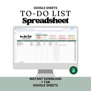 Pode incluir: Um monitor de computador exibe uma planilha de lista de tarefas do Google Sheets. A planilha é rotulada como "to do list TRACKER" e inclui colunas para tarefas, categorias, prioridade, datas de vencimento e notas. A imagem também inclui o texto "GOOGLE SHEETS", "TO-DO LIST Spreadsheet", "INSTANT DOWNLOAD" e "1 TAB GOOGLE SHEETS".