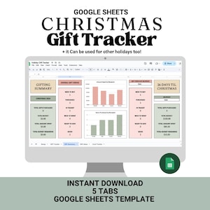 May include: A computer monitor displays a Google Sheets Christmas Gift Tracker template. The screen shows a spreadsheet with various sections for tracking gifts, budgets, and deadlines. Text at the top reads "CHRISTMAS Gift Tracker". The bottom text says "INSTANT DOWNLOAD 5 TABS GOOGLE SHEETS TEMPLATE".