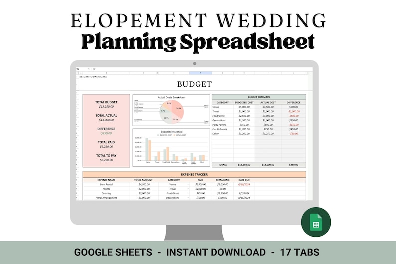 以下が含まれることがあります： 「ELOPEMENT WEDDING Planning Spreadsheet」というタイトルの結婚式プランニングスプレッドシートが、コンピューターモニターに表示されています。 スプレッドシートには、予算の概要、経費トラッカー、グラフが含まれています。 テキスト「GOOGLE SHEETS - INSTANT DOWNLOAD - 17 TABS」が一番下にあります。