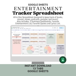 Entertainment Tracker Spreadsheet: Movie, Show, Book, Music, Google Sheets (Instant Digital Download)
