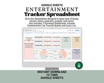 May include: A computer monitor displays a Google Sheets entertainment tracker spreadsheet. The spreadsheet is designed to track books, movies, shows, podcasts, YouTube, and music. The spreadsheet includes summary dashboards, a favorite entertainment list, and a lyrics list.