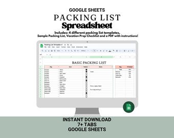 Hoja de cálculo para la lista de equipaje de viaje: Plantilla de Google Sheets (Descarga digital)